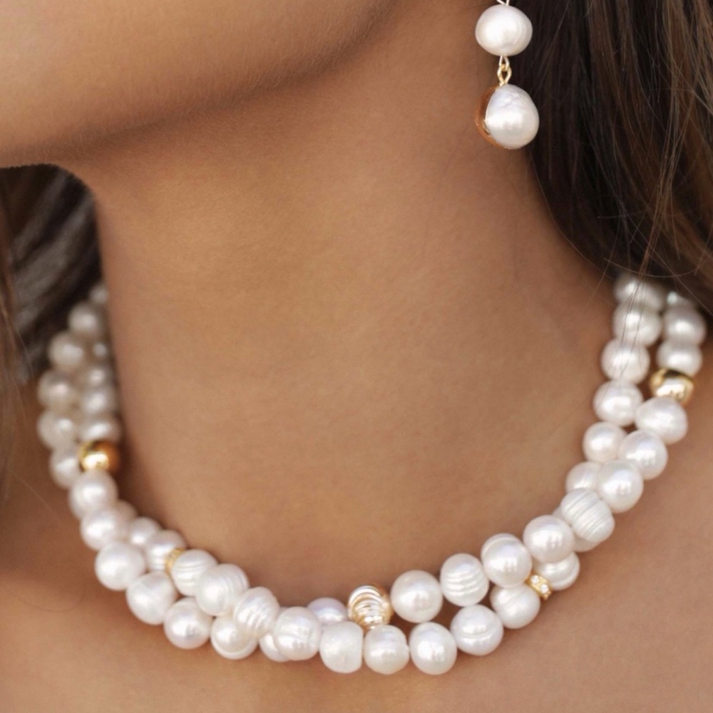 ettika White Pearl and Gold Bead Double Strand Necklace New